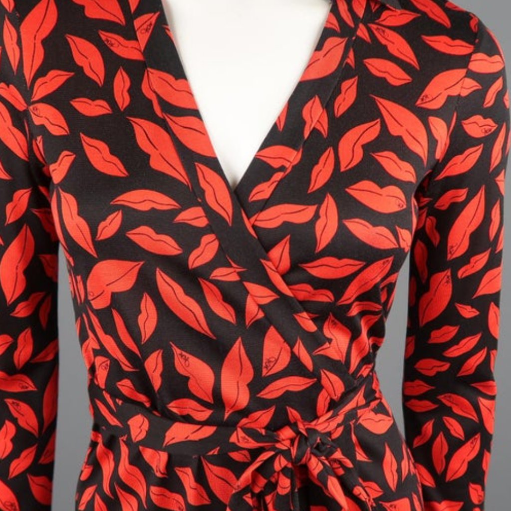 Diane Von Furstenberg Black Wrap Dress With Red Lip Print